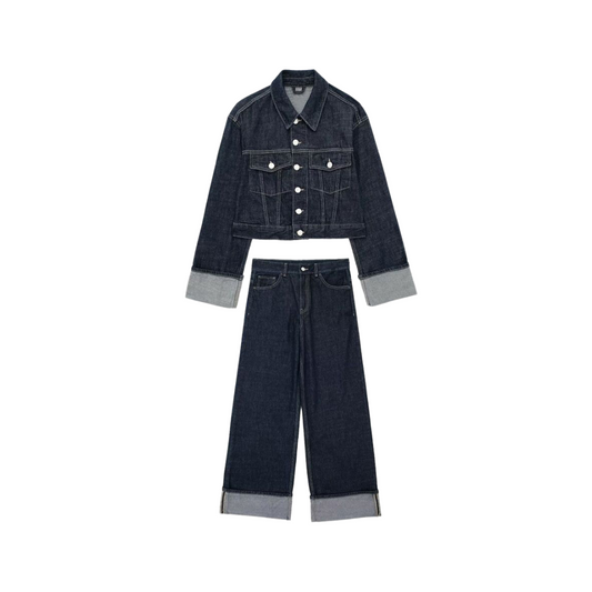Denim Set „Mila“ – Cropped Jeansjacke & High-Waist Hose in Dunkelblau
