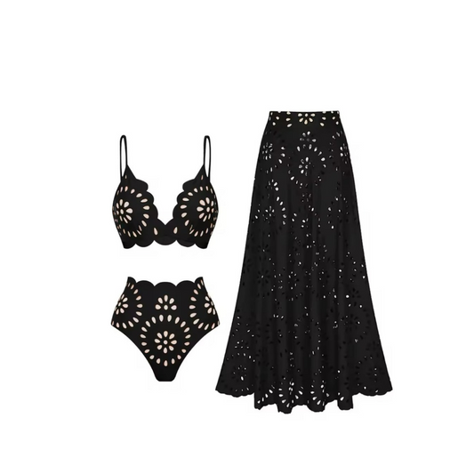 "Midnight Bloom" – 3-teiliges Cutout-Set mit Bralette, High-Waist-Slip & Maxirock